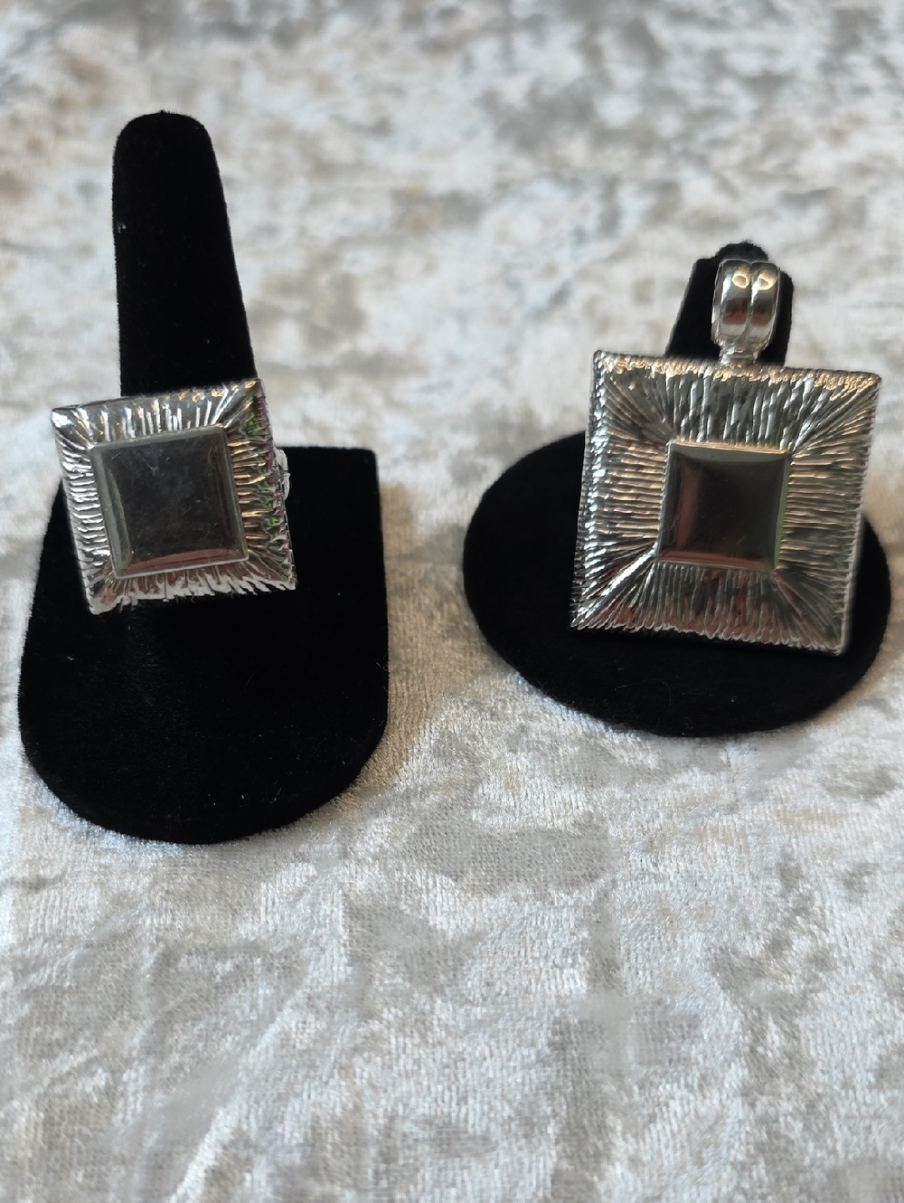 Square Textured Sterling Silver Ring/Pendent Set - Modern Geometric Style